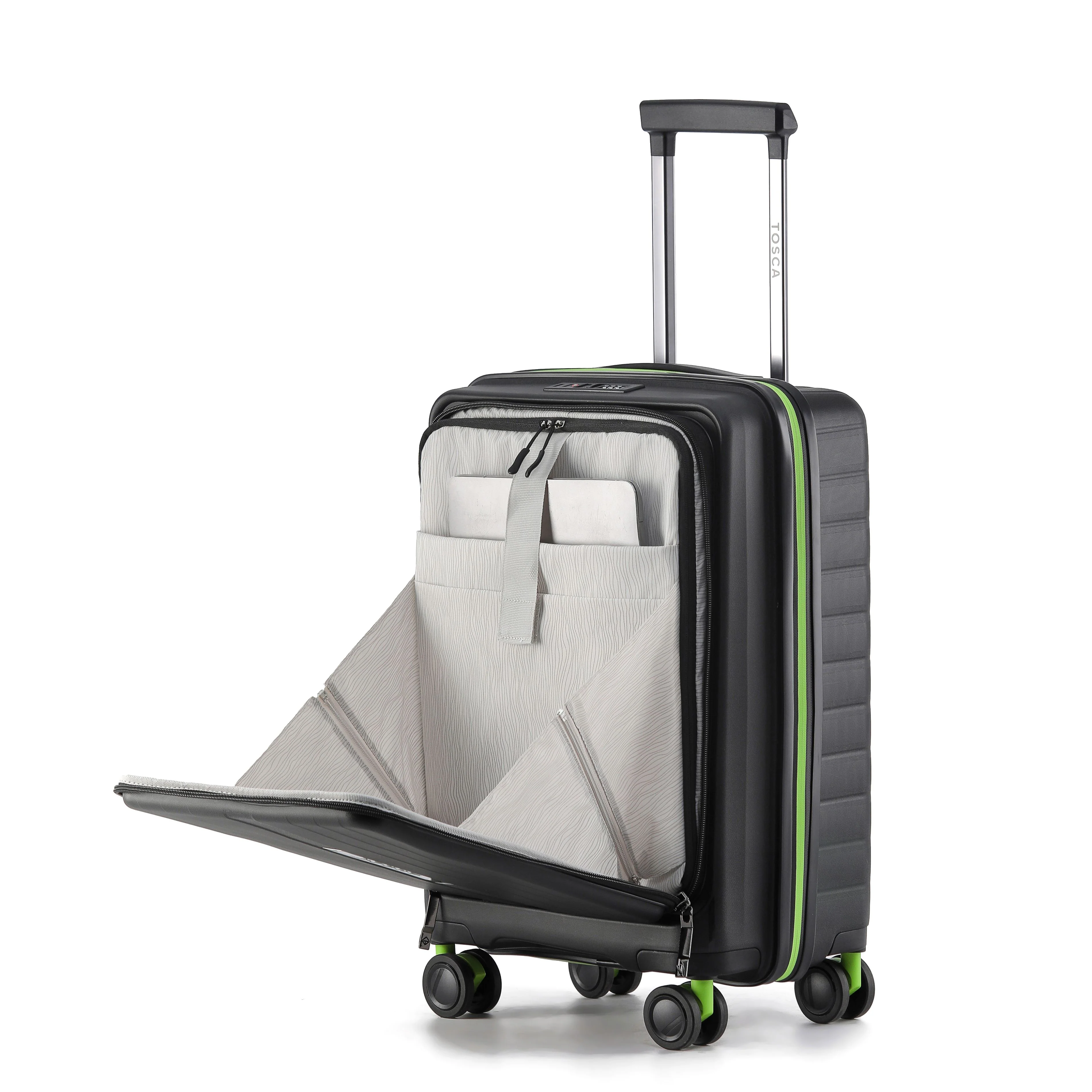 Tosca Cruiser Collection polypropylene front access 54cm-carry-on trolley case TCA875C Black Lime Green trims - Image 2